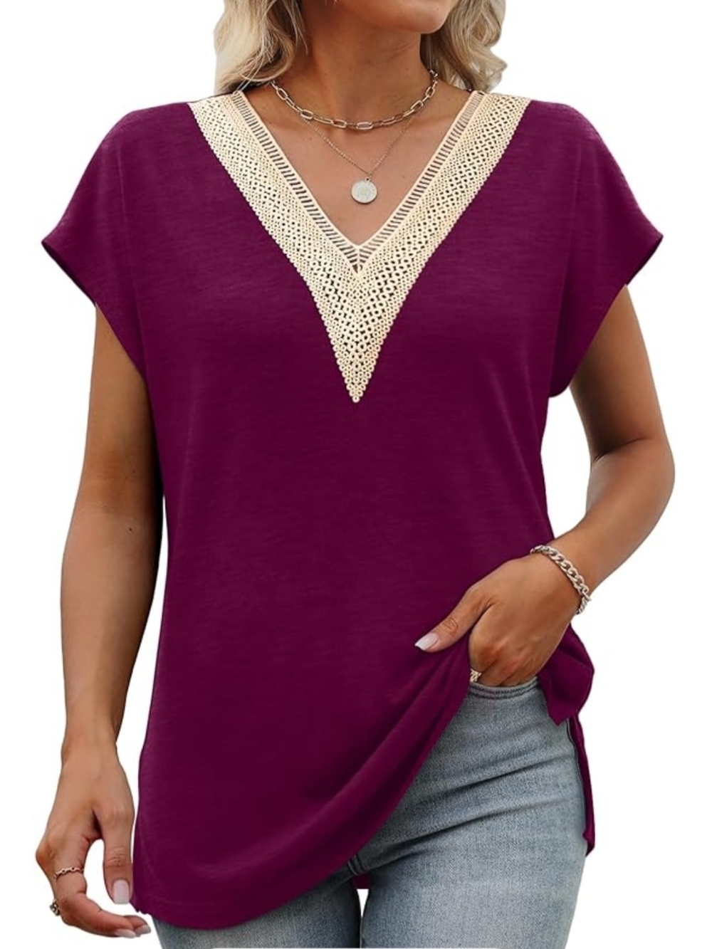 Women's V-Neck Crochet Trim Tunic Top - Plum